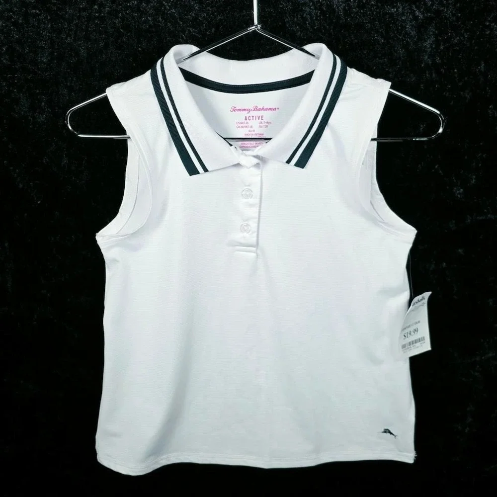 Tommy Bahama Active Girls Sleeveless Polo Shirt White Striped Collar Size M 7-8